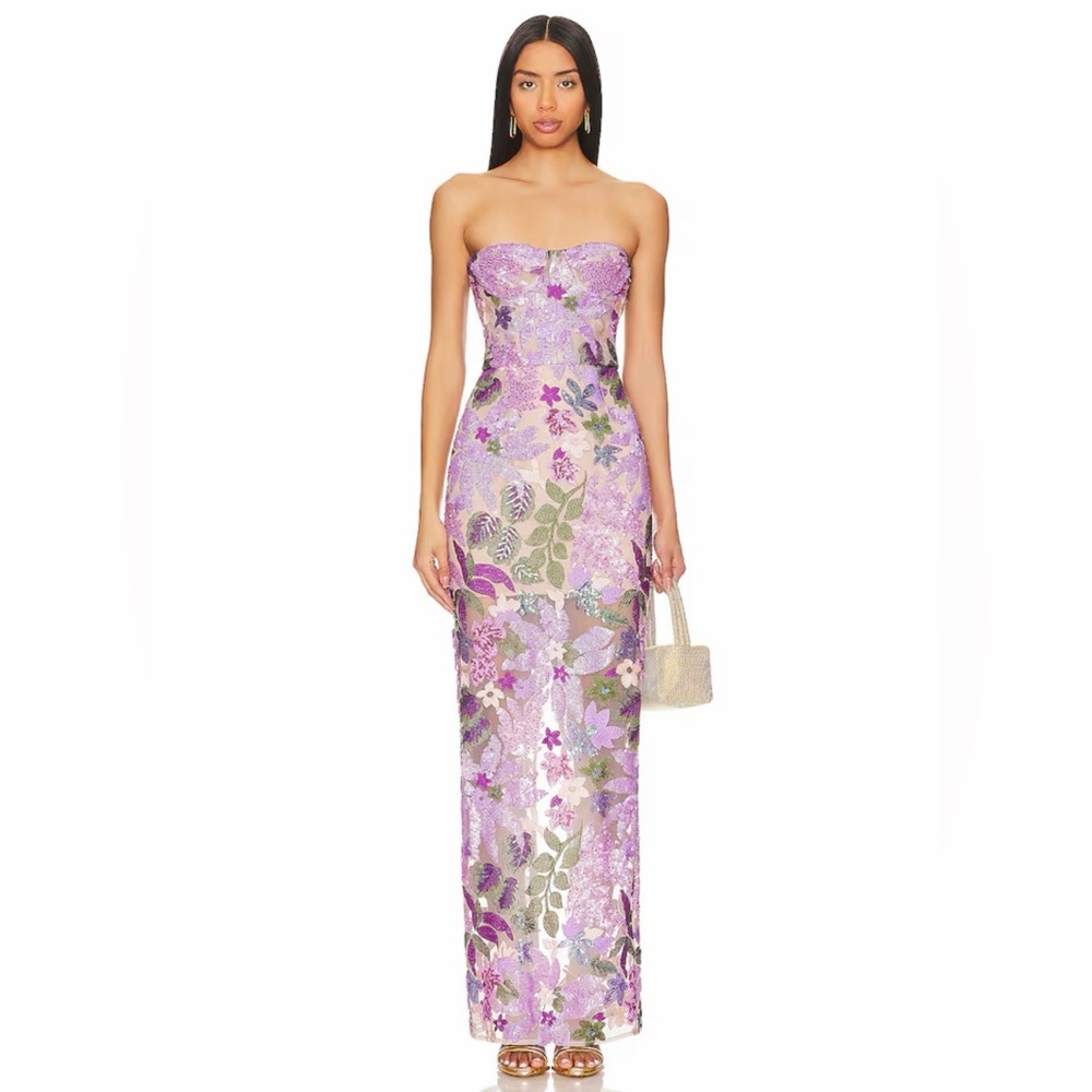Bronx and Banco Lavender Floral Strapless Sequin Gown - Picture 1 of 9
